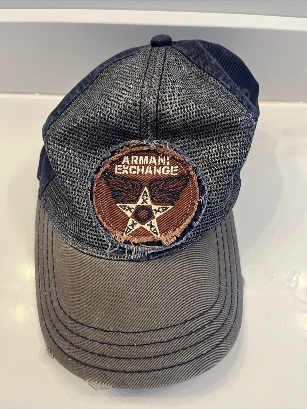 Armani Exchange Distressed Patch Baseball Cap - Navy & Gray